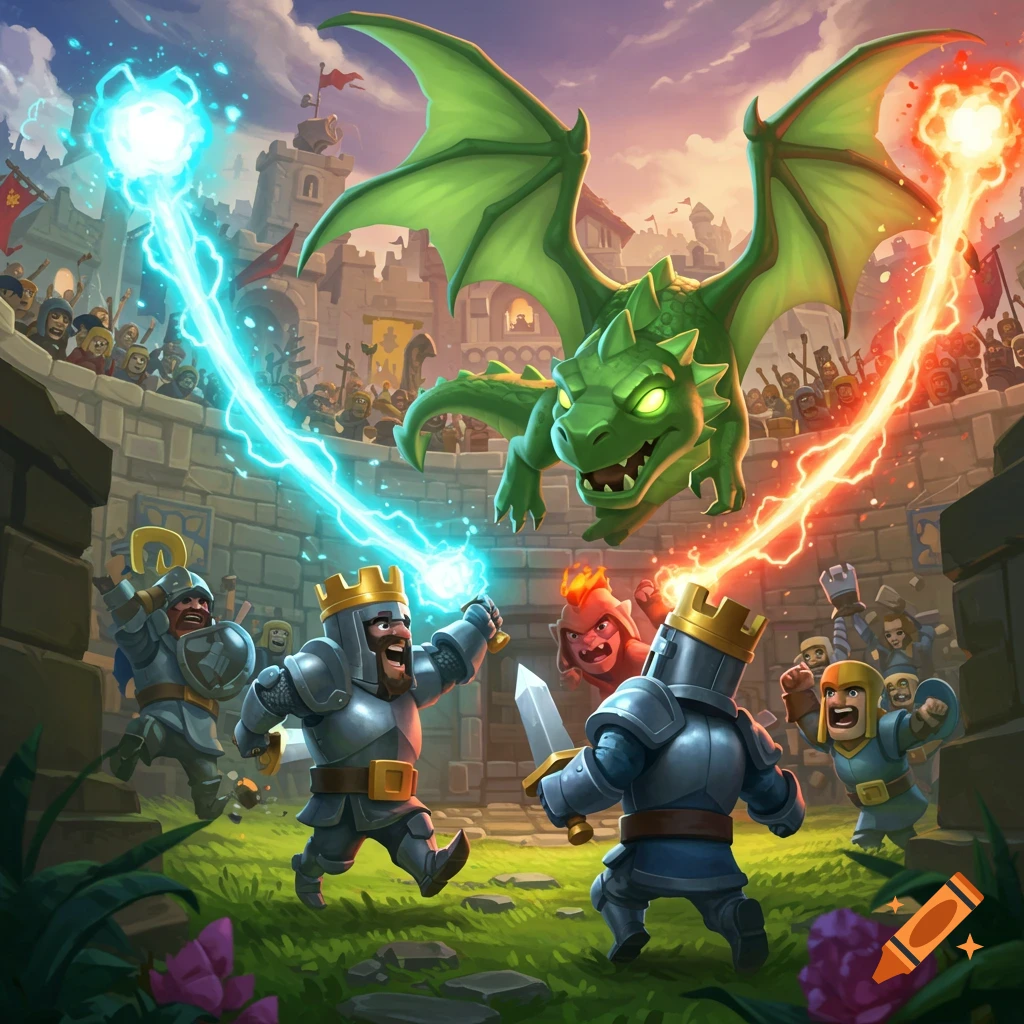 Cartoon battle of knights fighting a green dragon in a castle arena with magic blasts.