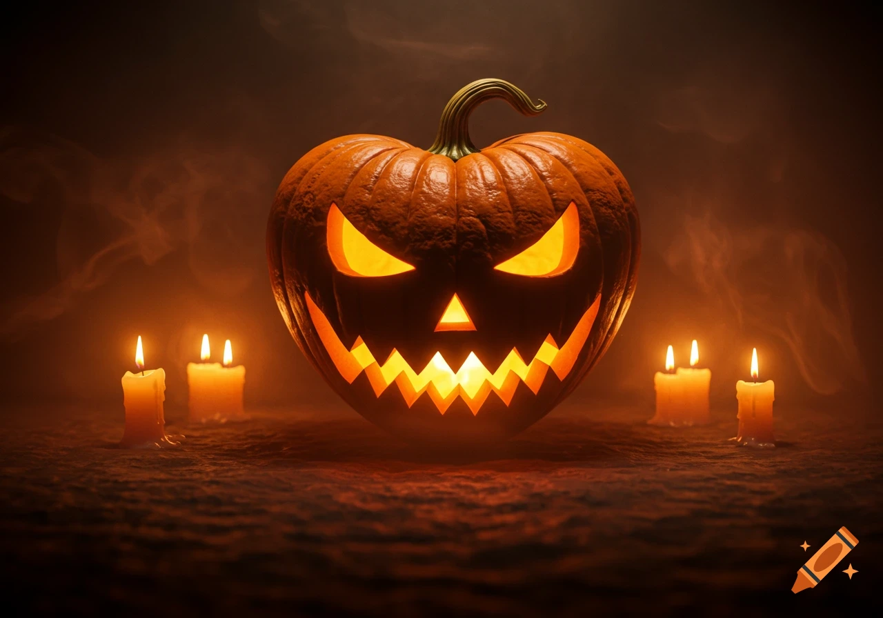 A glowing jack-o'-lantern with jagged teeth and eyes, surrounded by lit candles in a dark, smoky, photorealistic setting.