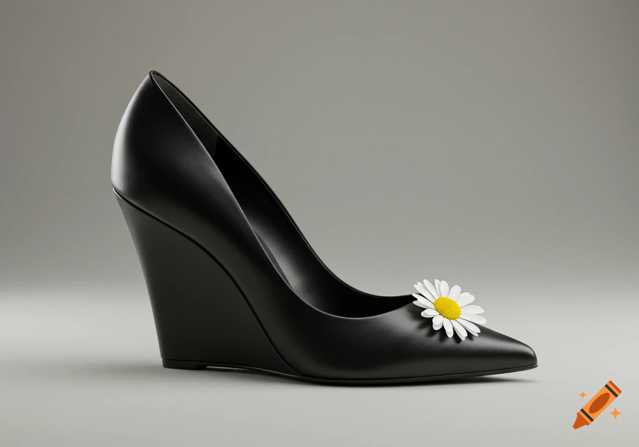 A black wedge heel shoe with a white daisy on its pointed toe, set against a gray background.