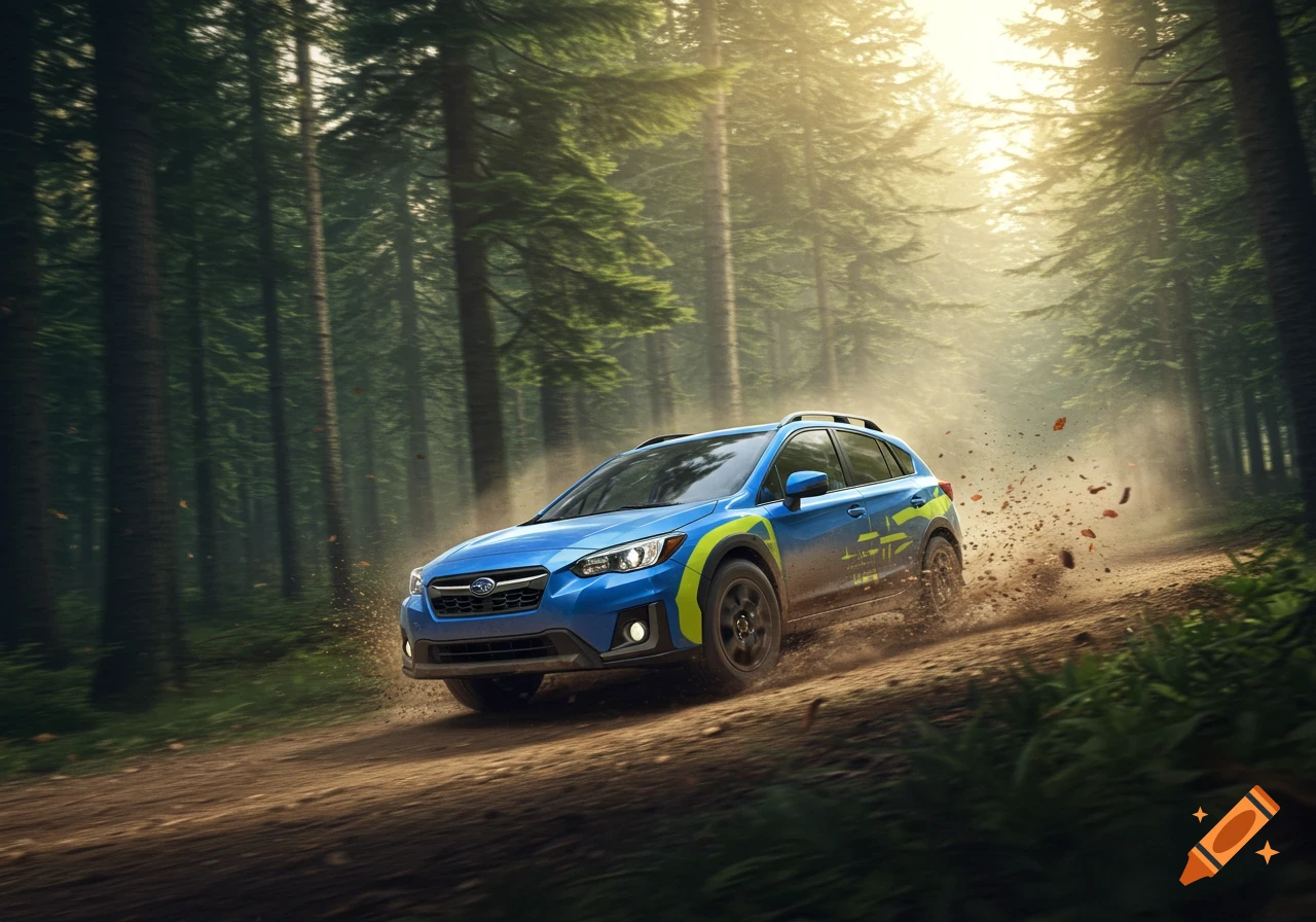 Blue Subaru Crosstrek SUV rallies on a dirt path through a dense, sunlit forest, kicking up dust.