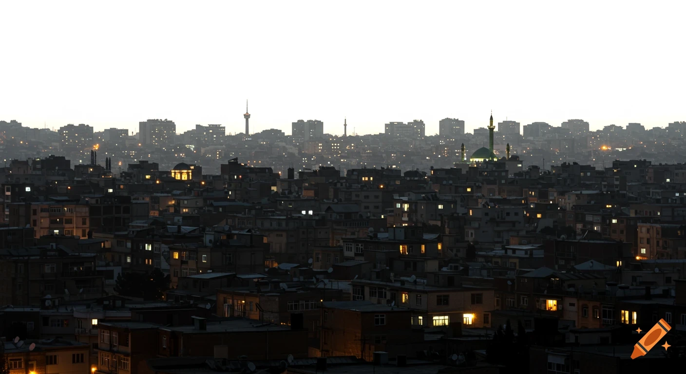 Nighttime cityscape of dark buildings with glowing windows, silhouetted against a pure white background, featuring a green-domed mosque and distant city lights.