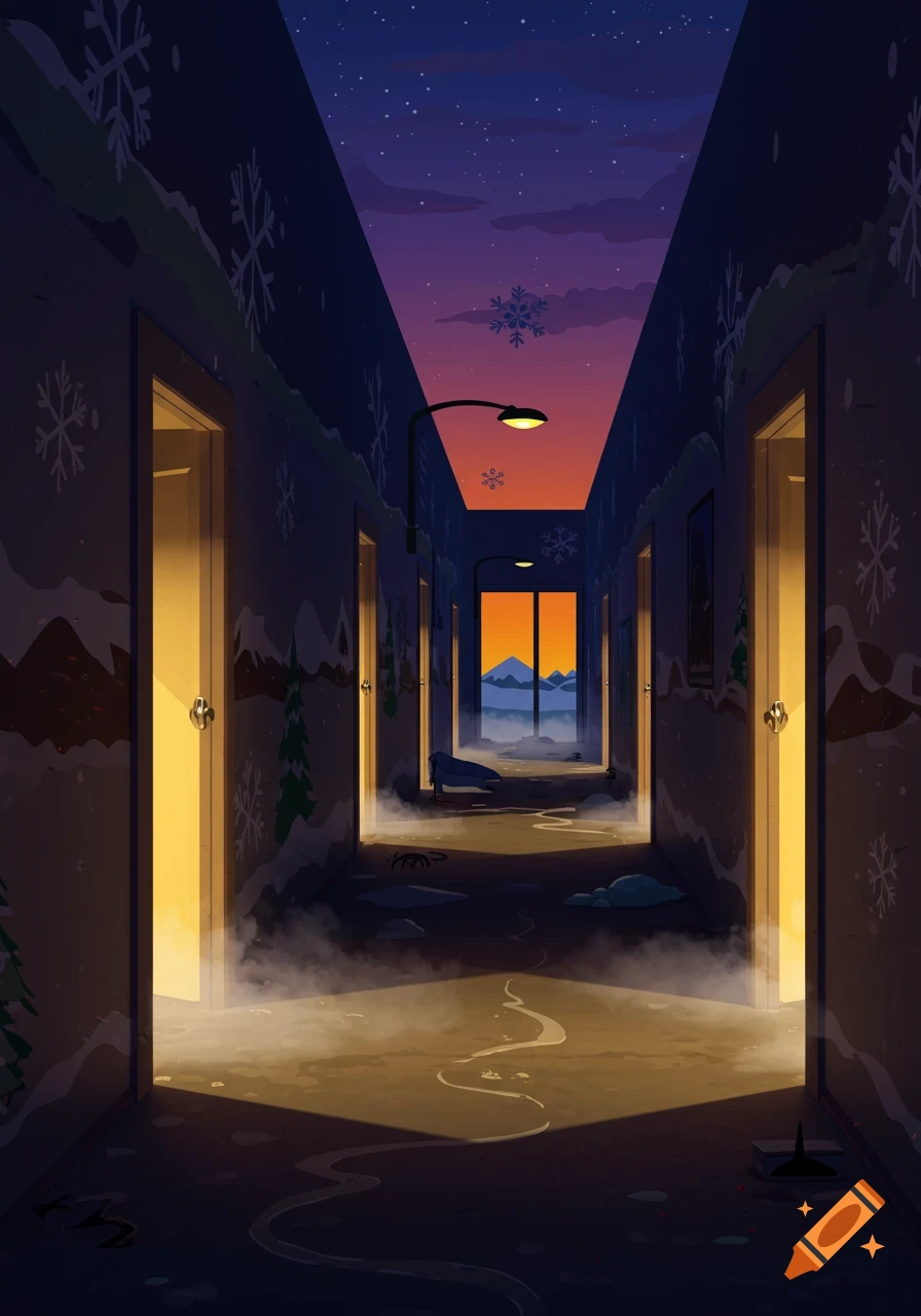 A stylized cartoon hallway with snowflakes on dark walls, golden light from doors, misty floor, leading to a window showing mountains and a sunset sky.