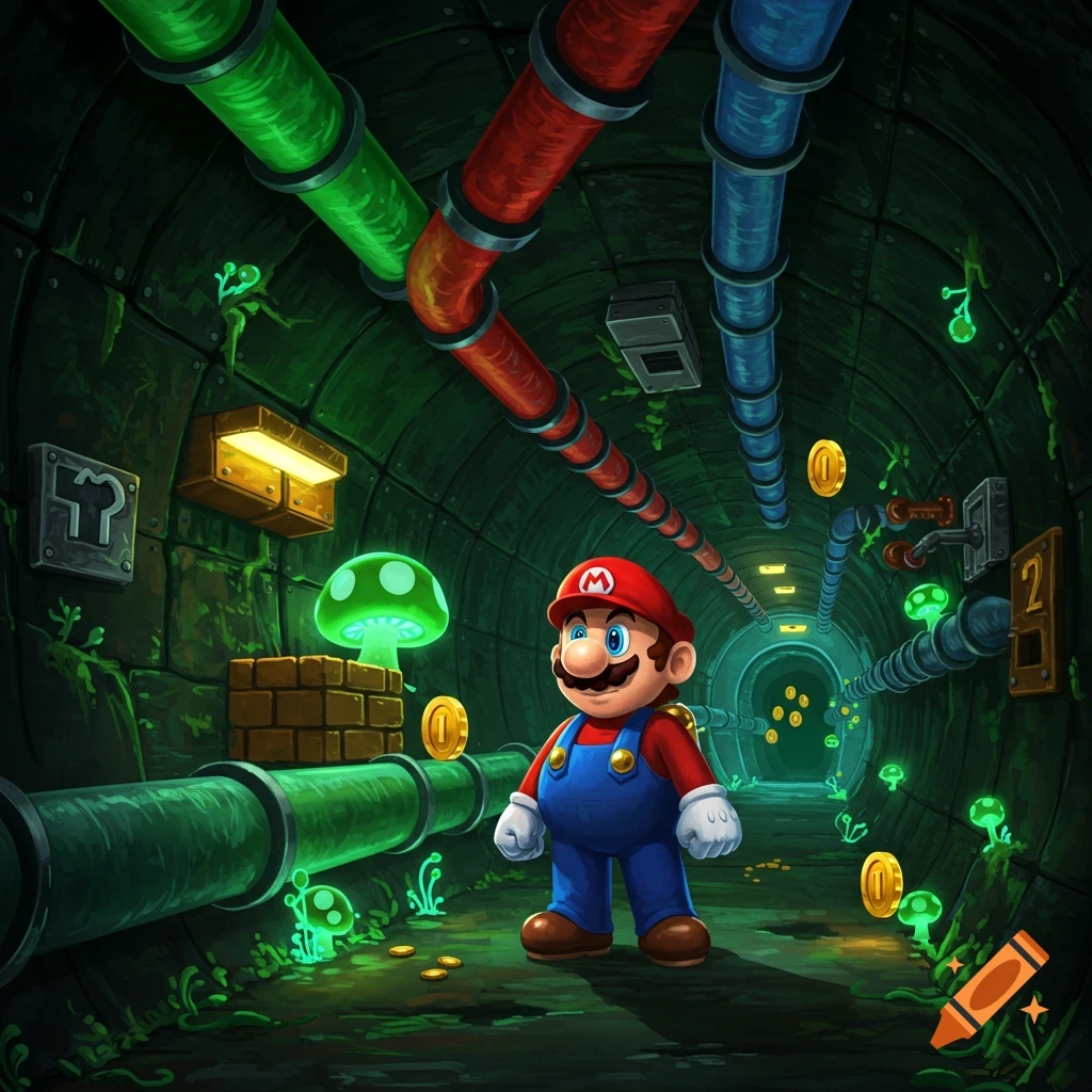 Stylized illustration of Mario standing in a dark, glowing green sewer tunnel filled with pipes, coins, and mushrooms.