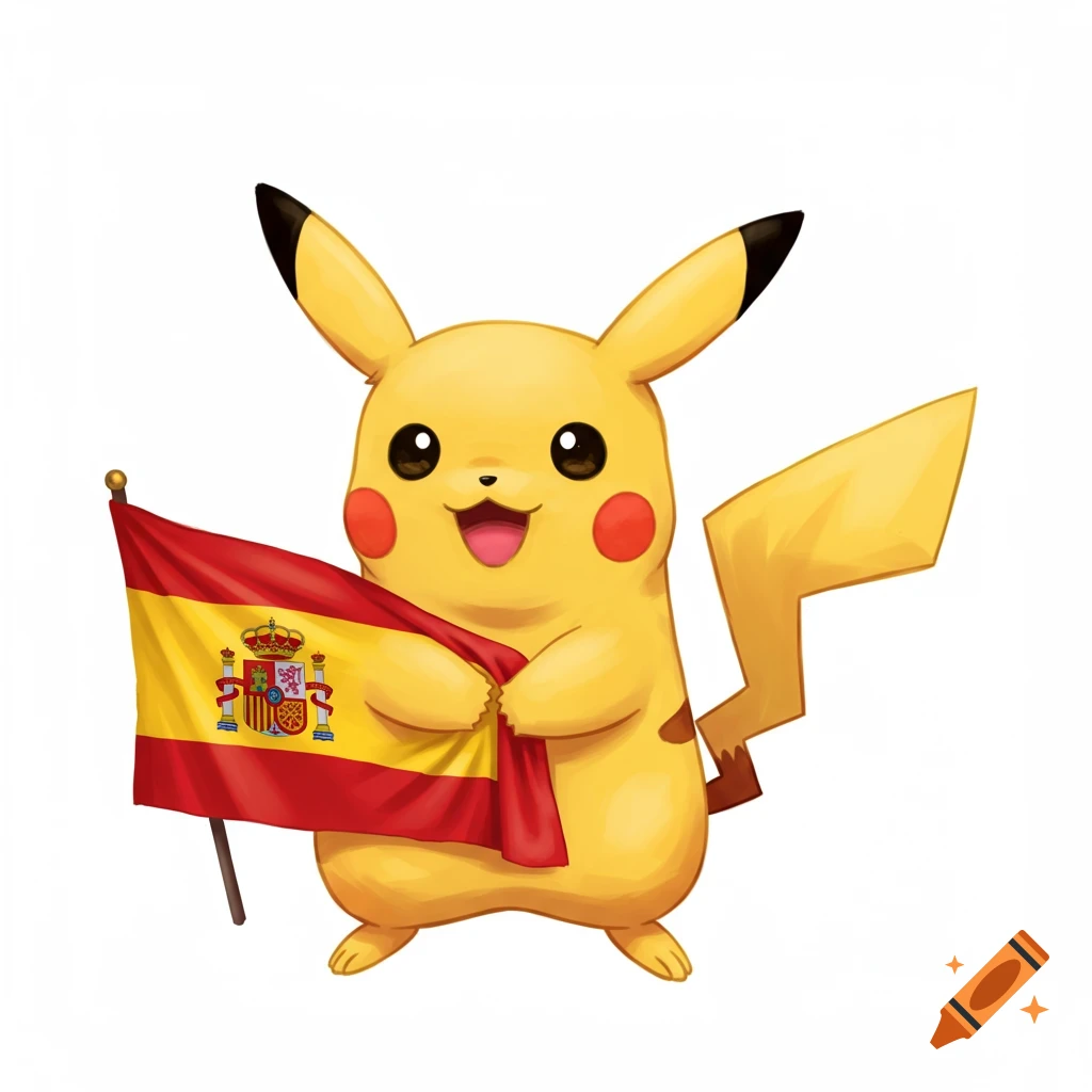 Cartoon Pikachu smiling and holding a Spanish flag on a plain white background.