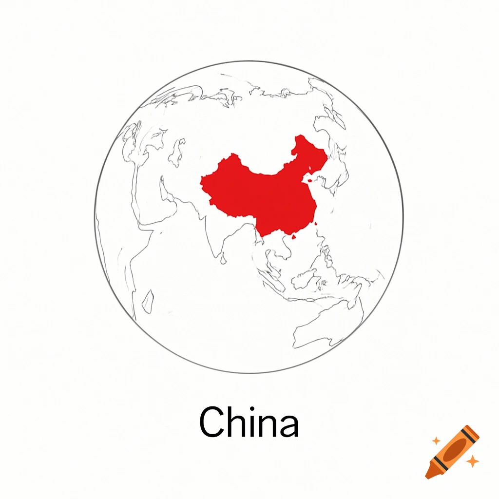 A minimalistic world globe highlighting China in bright red on a clean white background, with the word 'China' below.