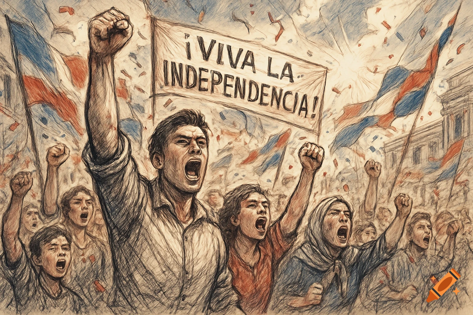 A crowd in a sketch art style, raising fists and shouting under a banner that reads ' ¡VIVA LA INDEPENDENCIA!', with flags and confetti.