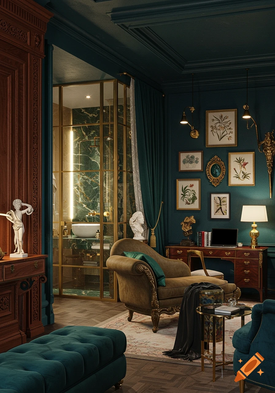 Luxurious hotel room with dark teal walls, gold accents, ornate furniture, a chaise lounge, desk, and an en-suite marble bathroom.