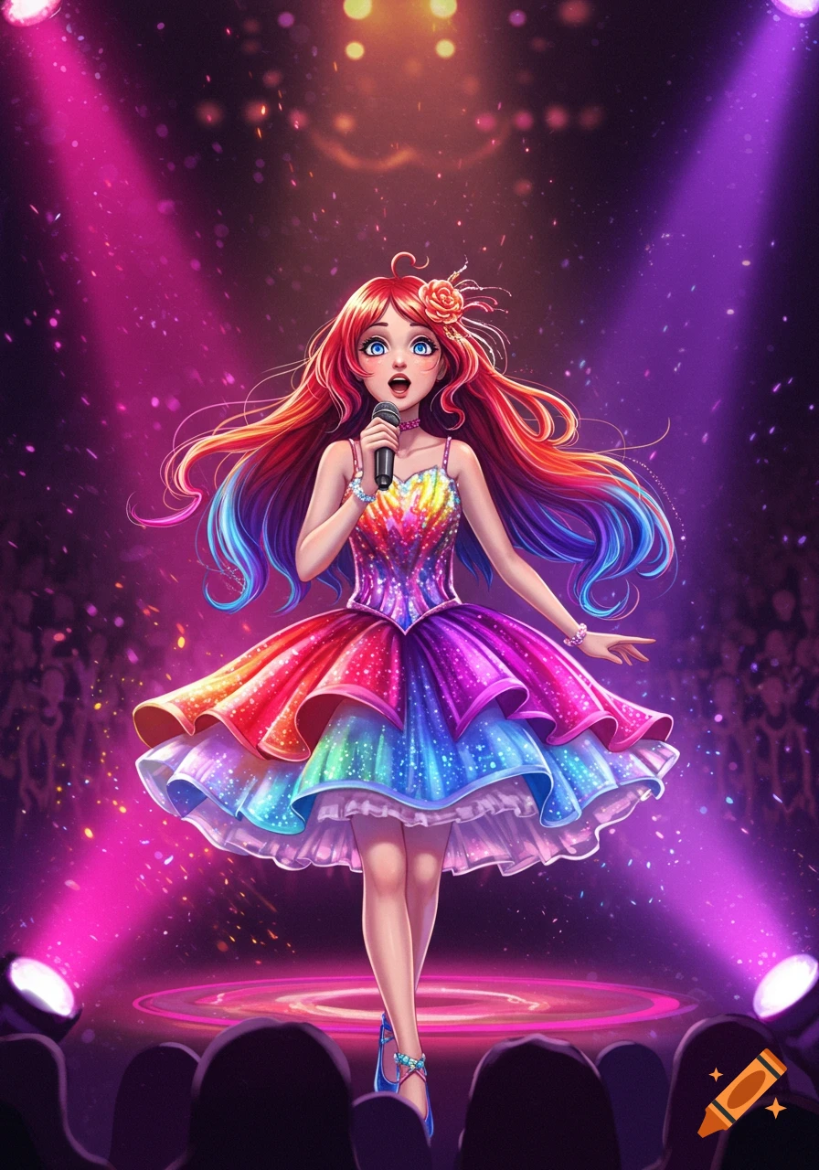 A vibrant, stylized cartoon girl with long rainbow hair and a sparkly rainbow dress sings into a microphone on a stage with bright spotlights and a crowd.