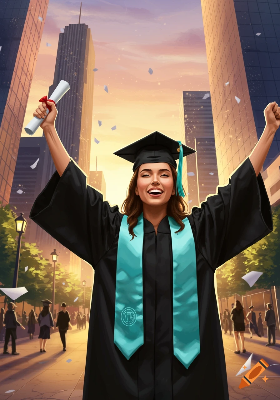 A happy college graduate in cap and gown, holding a diploma, raises arms in triumph against a city sunset backdrop with confetti falling.