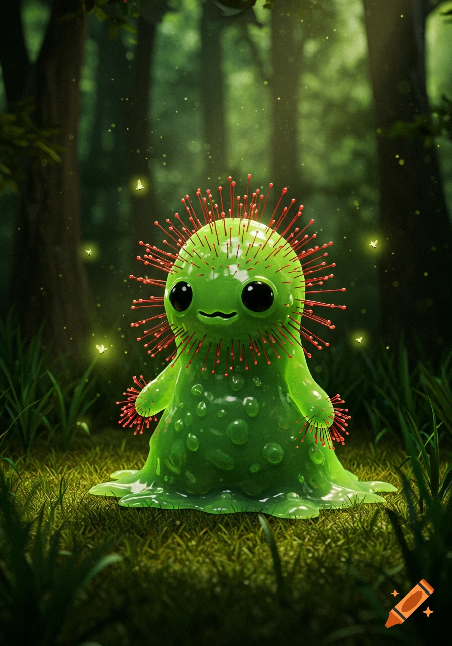 A cute, glowing green monster with red spikes sits in a dark, magical forest with fireflies. 3D render.