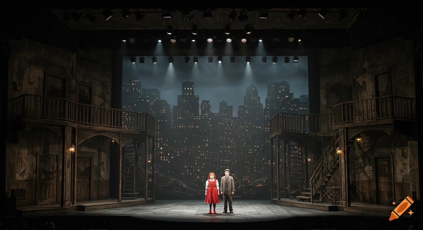 A dimly lit stage set for a musical, featuring two actors on a street scene with dilapidated buildings and a nighttime cityscape backdrop.