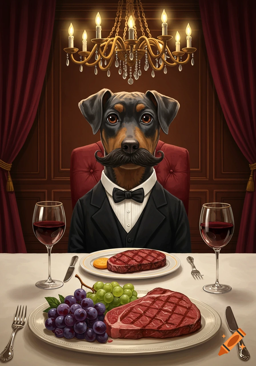 A dapper Doberman-like dog with a handlebar mustache in a suit sits at a formal dining table with steak, grapes, and wine under a chandelier.