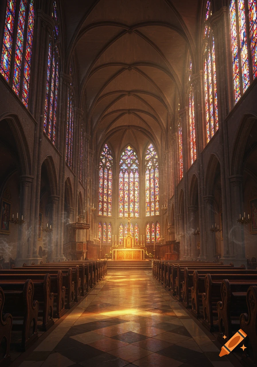 Interior view of a grand Gothic church with rows of pews, an illuminated altar, and vibrant stained glass windows allowing sunlight to stream in.