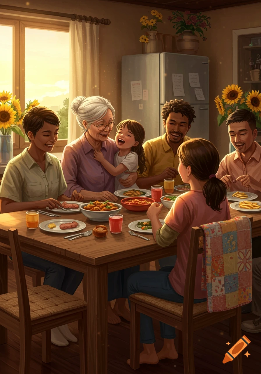 An illustrated family of multiple generations happily eating a meal together at a wooden dining table, bathed in warm sunlight.