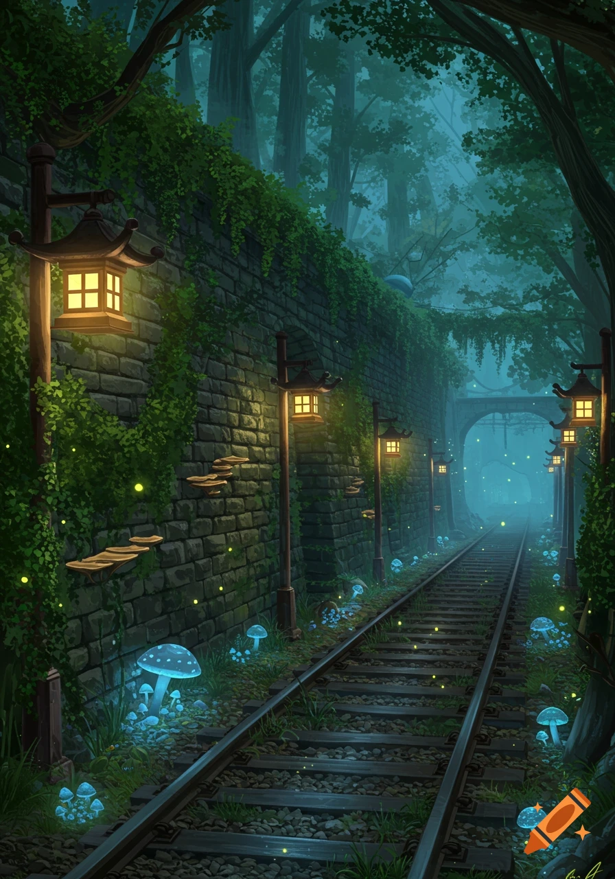 Mystical train tracks wind through a dark, overgrown forest tunnel, lit by glowing lanterns, blue mushrooms, and fireflies.