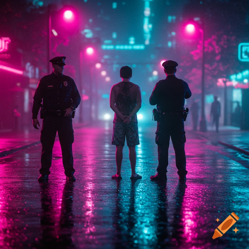 Two police officers and a civilian stand on a wet urban street at night, bathed in pink and blue neon lights.