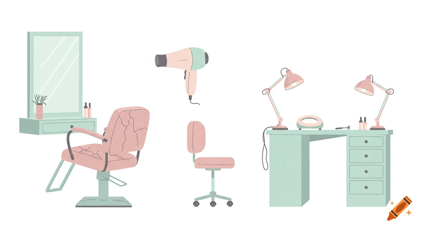 Minimalist vector illustration of pastel beauty salon equipment: styling chair, mirror, hair dryer, and nail desk.