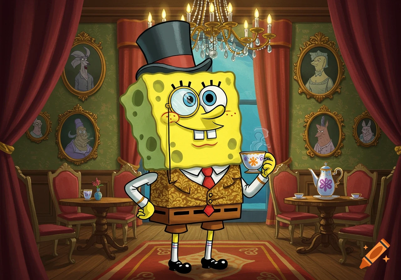 Spongebob in a top hat and suit with a monocle sips tea in a fancy room with red curtains and portraits.