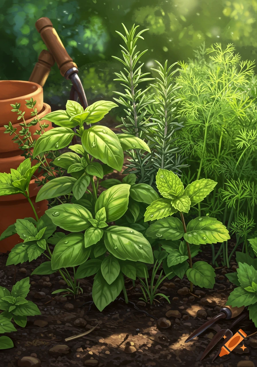 Vibrant illustration of various green herbs like basil, mint, rosemary, and dill growing in a garden with pots and tools.
