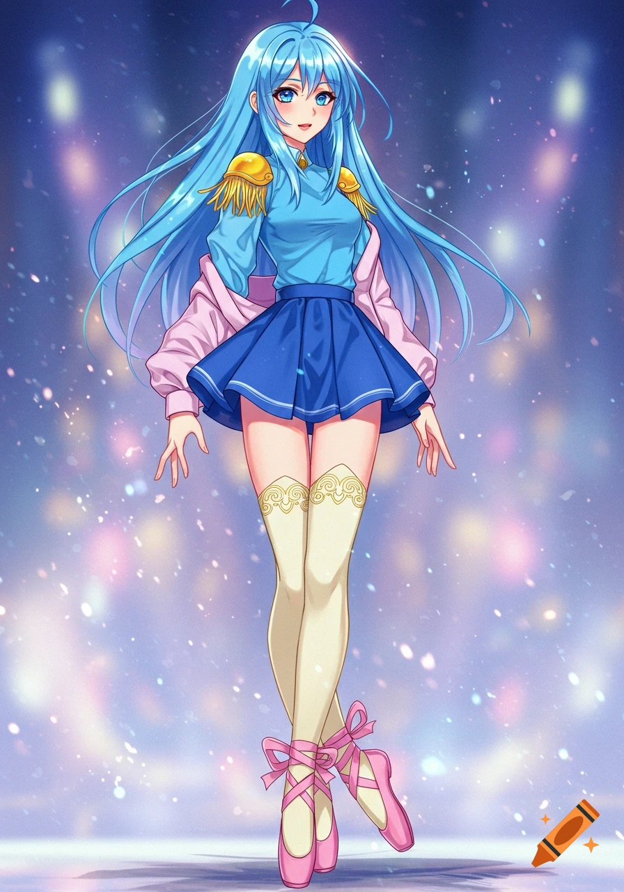Anime illustration of a girl with long blue hair, blue uniform top, skirt, pink jacket, patterned socks, and pink ballet shoes, sparkling background.