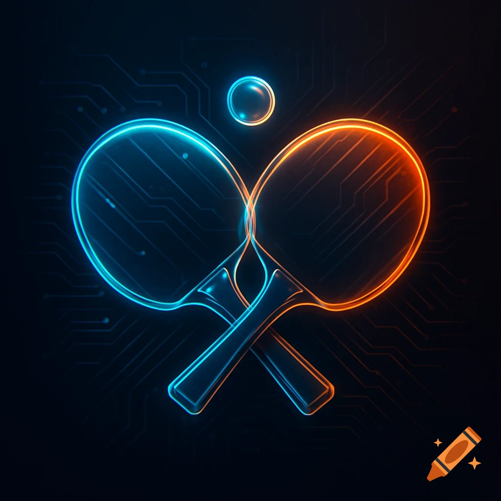 Futuristic neon logo featuring two overlapping ping-pong paddles, one blue, one orange, with a ball above, against a circuit board background.