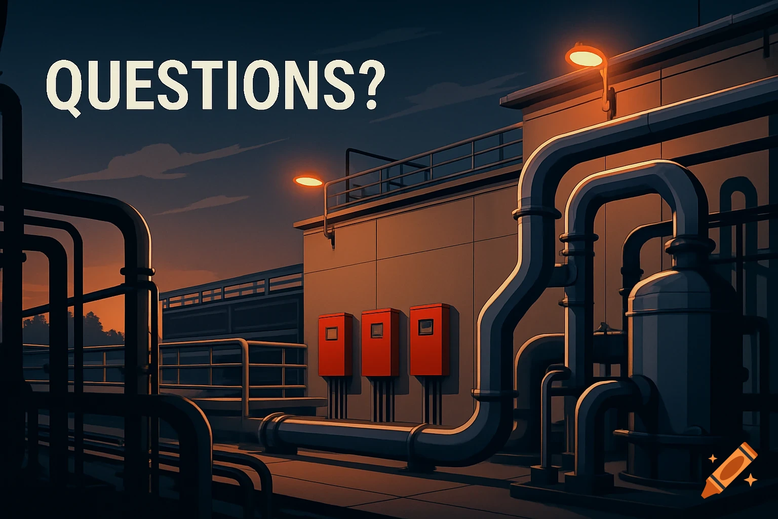 Stylized illustration of an industrial wastewater treatment plant at dusk with pipes, a building, and the word 'QUESTIONS?' in large white text.