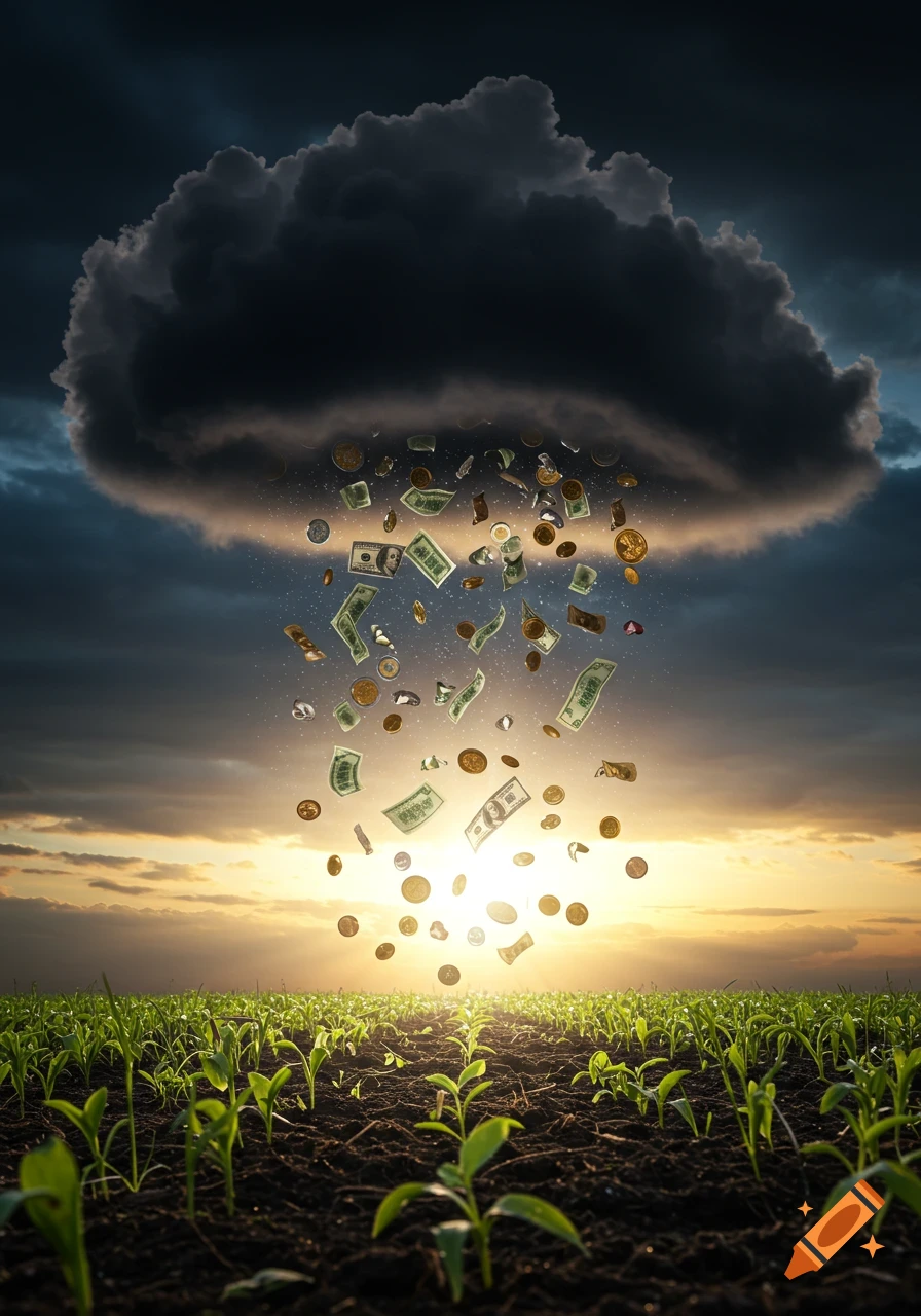 Money and coins rain from a dark cloud into a sunny field of green plants at sunset, a conceptual image.