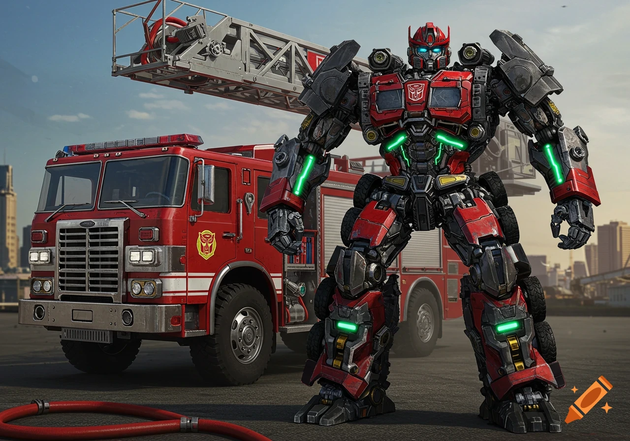 A highly detailed red Transformer robot stands next to a red fire truck in an urban setting.