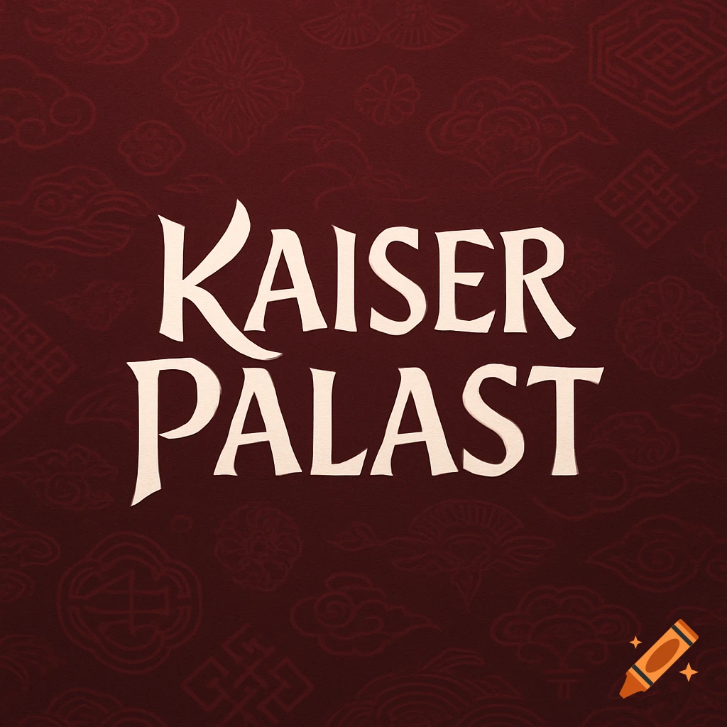 A logo with white text "Kaiser Palast" on a wine-red background with subtle Asian patterns.