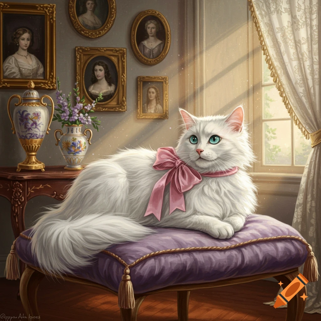 A fluffy white cat with blue eyes and a pink bow lies on a purple velvet cushion in an elegant room with framed portraits.