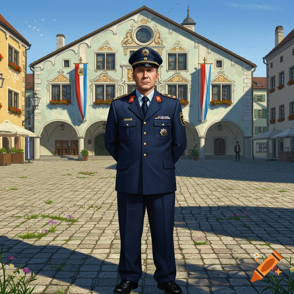 A man in a dark blue police uniform stands in a cobblestone town square in front of an ornate building, rendered in a detailed illustration style.