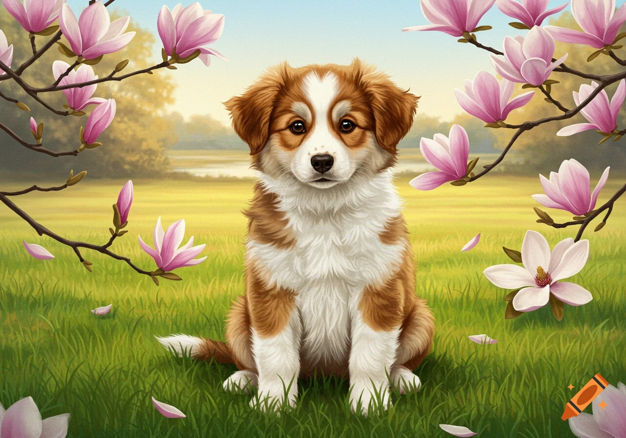 A cute fluffy brown and white puppy sits in a vibrant green grassy field, surrounded by blooming pink magnolia flowers in an illustrated style.
