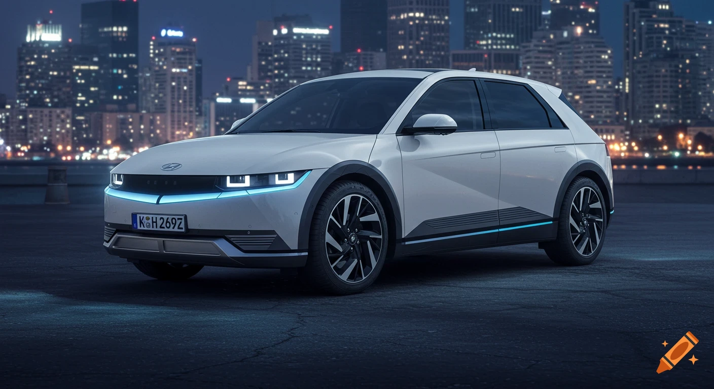 A white Hyundai Ioniq 5 electric car with glowing blue accents parked at night in front of a city skyline.