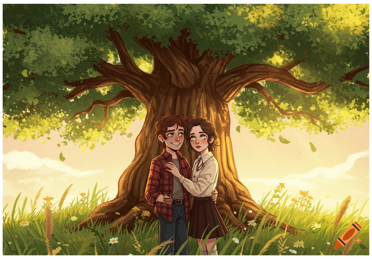Stylized illustration of a boy and girl embracing under a large tree in a sunny field.