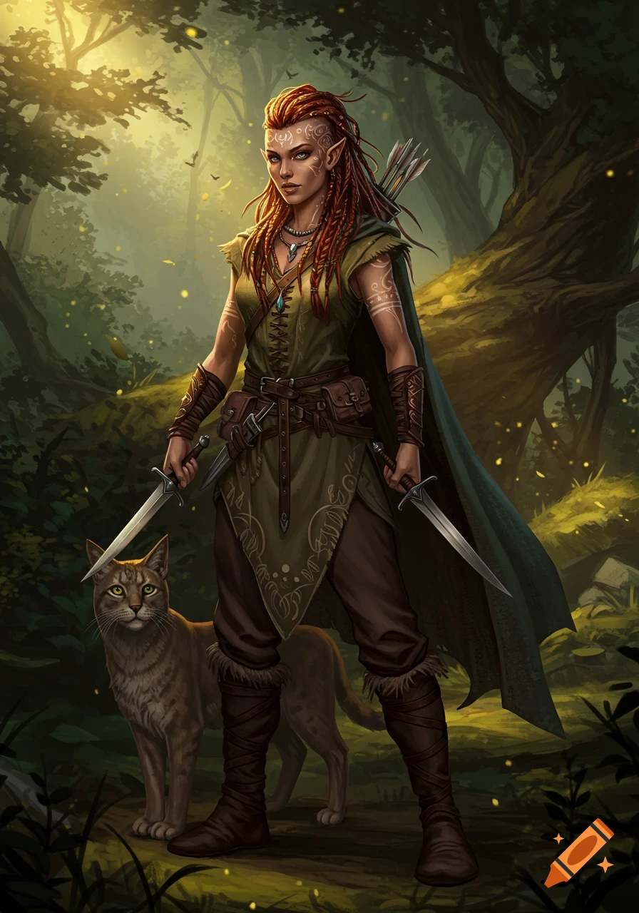 A female elf warrior with red braided hair, daggers, and a quiver, stands with a lynx in a sunlit forest.