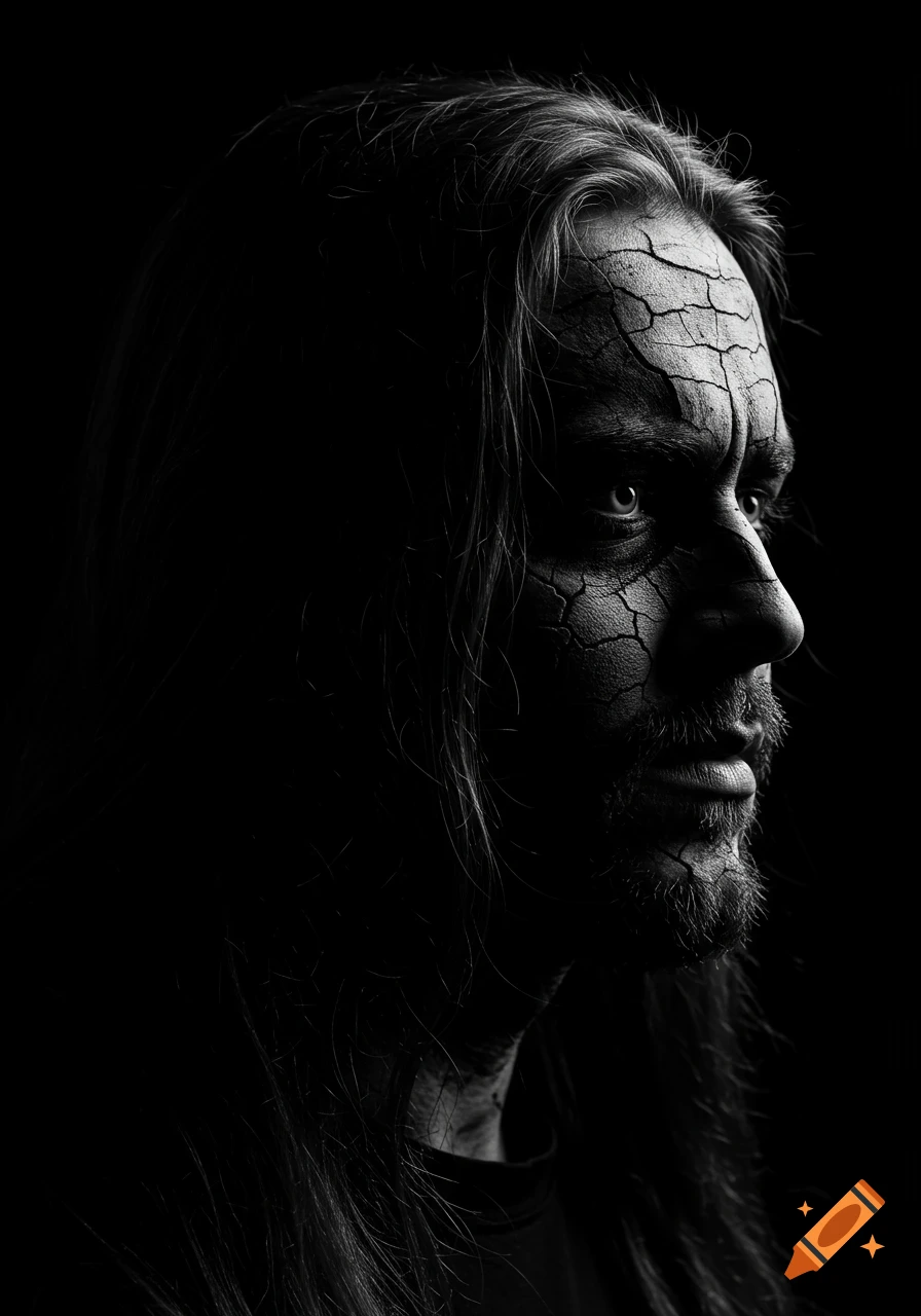 High-contrast black and white portrait of a man with long hair and a beard, face covered in cracked, skull-like makeup, gazing to the right against a dark background.