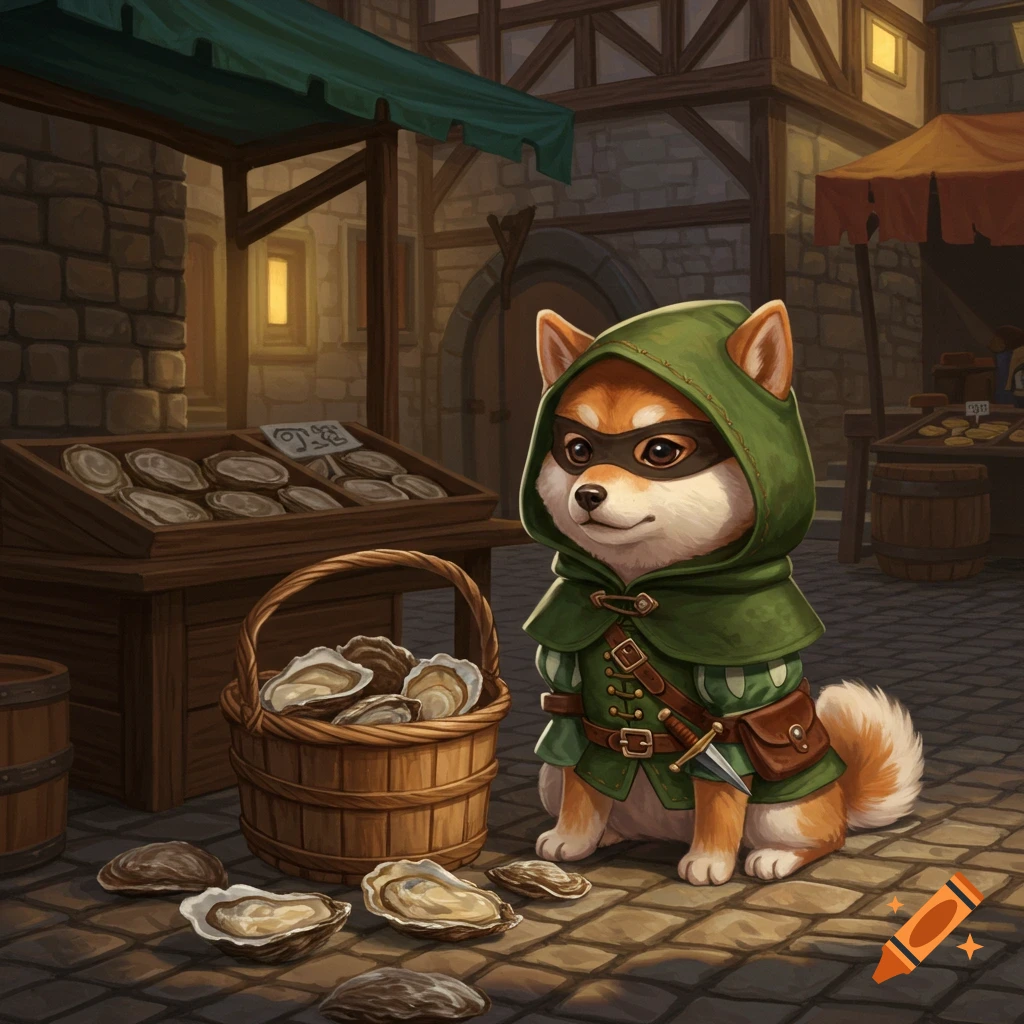 A cute shiba dog dressed as a medieval thief sits next to a basket and scattered oysters in a marketplace.