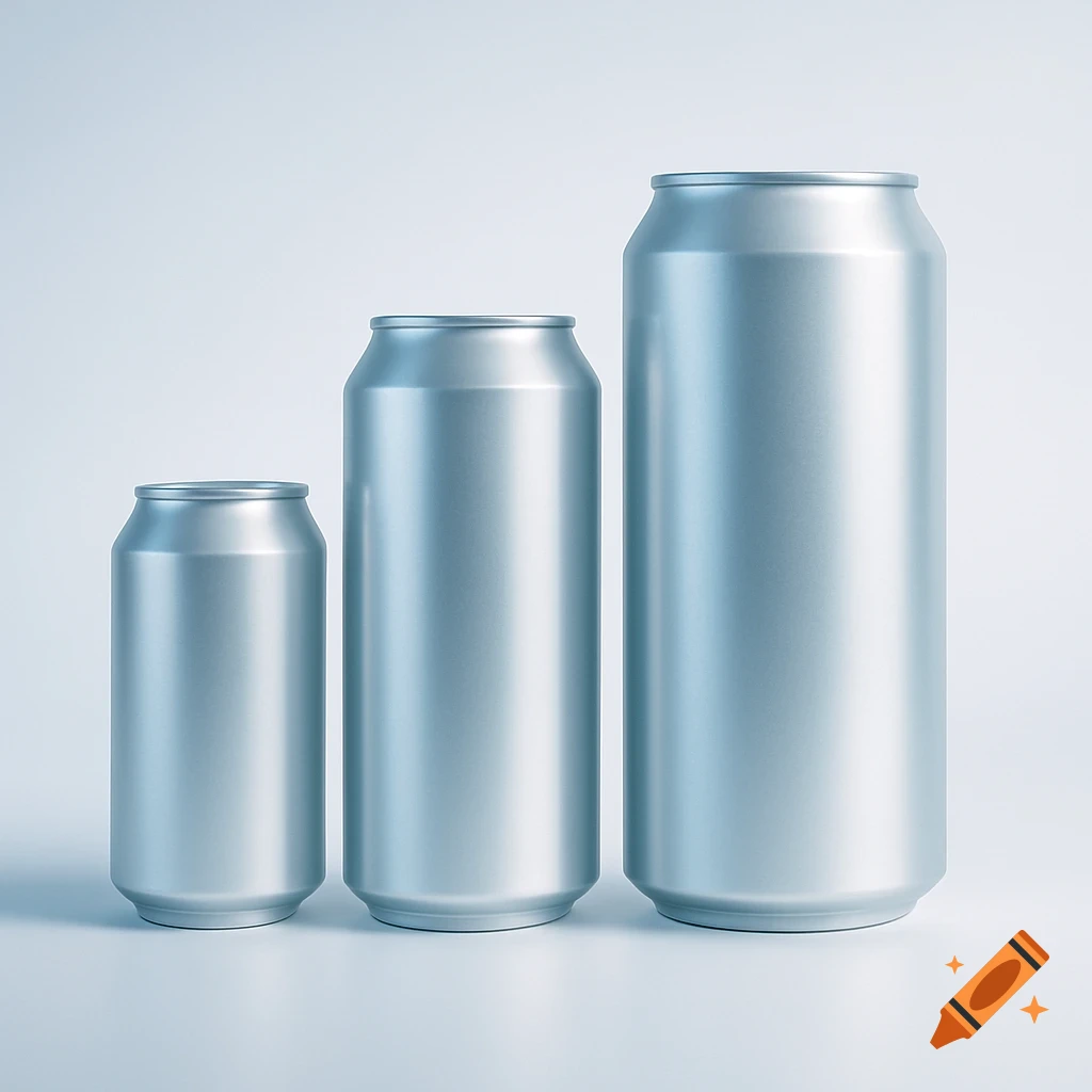 Three smooth, plain silver beverage cans of increasing size on a light blue-white background.