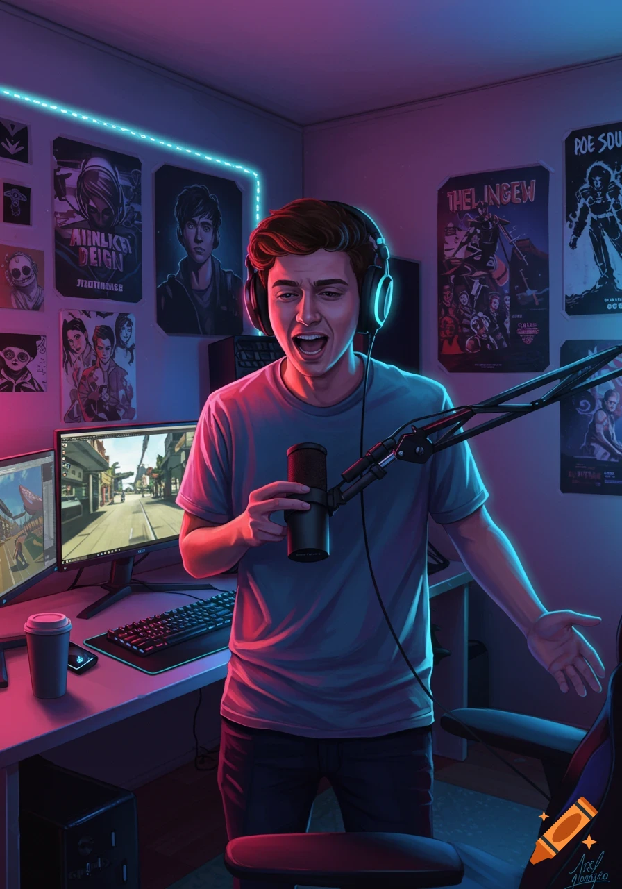 A stylized digital art illustration of a young male YouTuber with headphones, holding a microphone in a neon-lit gaming room with multiple monitors and posters.