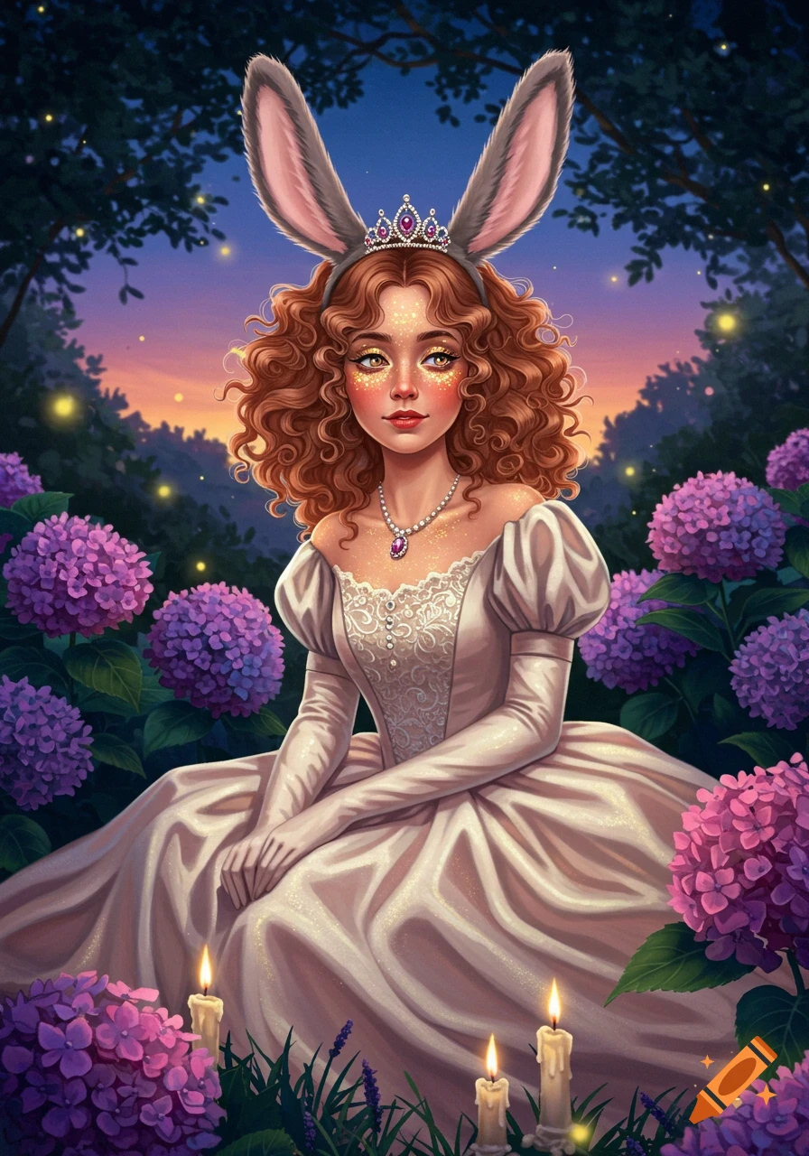 Illustration of a princess with curly red hair and bunny ears, in a white gown, sitting amongst purple hydrangeas and glowing candles at dusk.