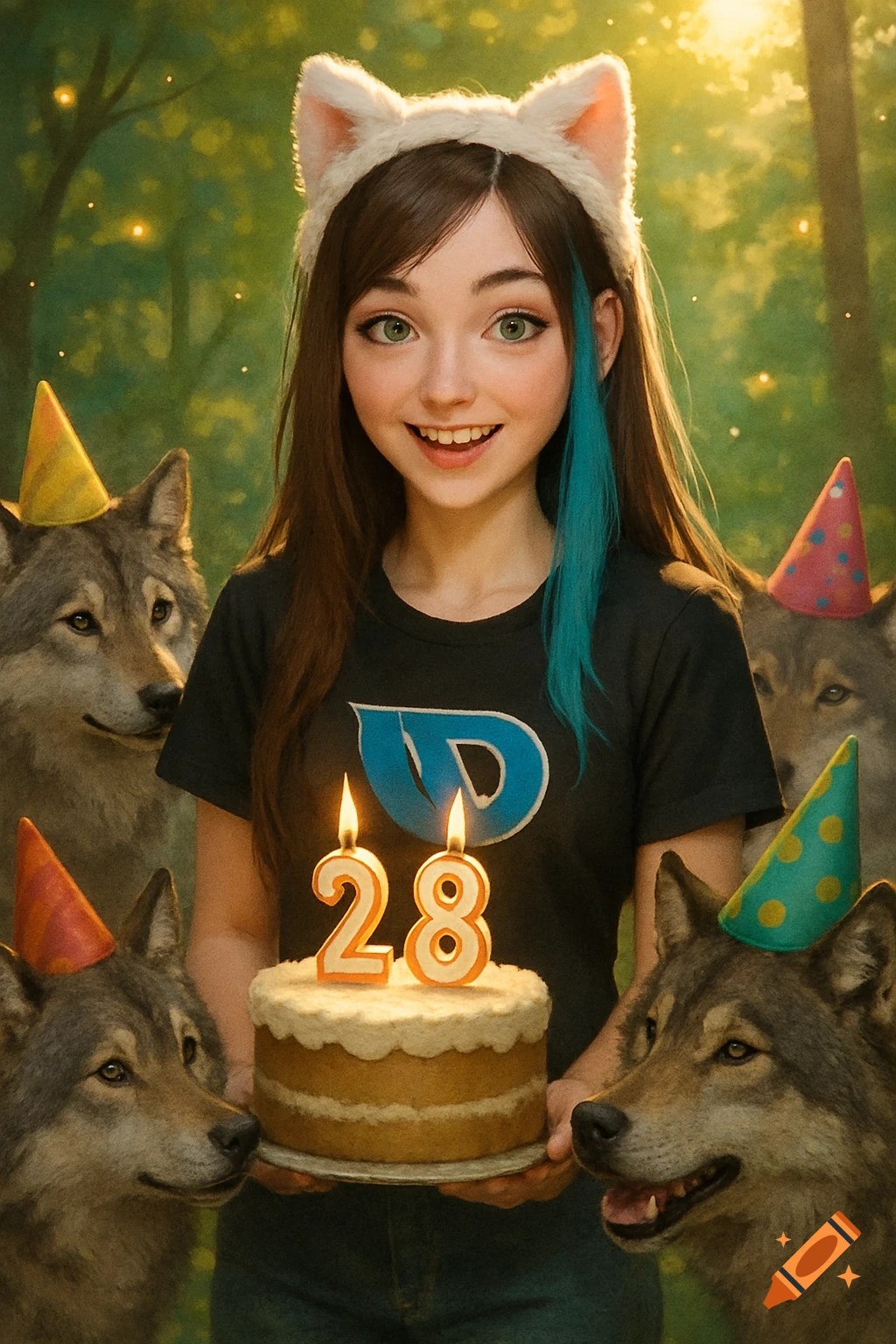 A young woman with cat ears holds a birthday cake with '28' candles, surrounded by wolves in party hats in a sunny forest.