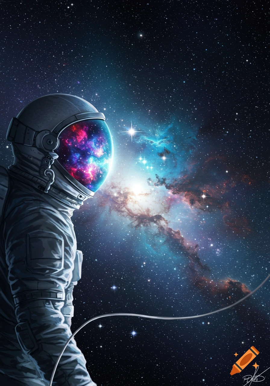 A detailed astronaut in a space suit looks towards a bright nebula and stars reflected in their helmet visor.