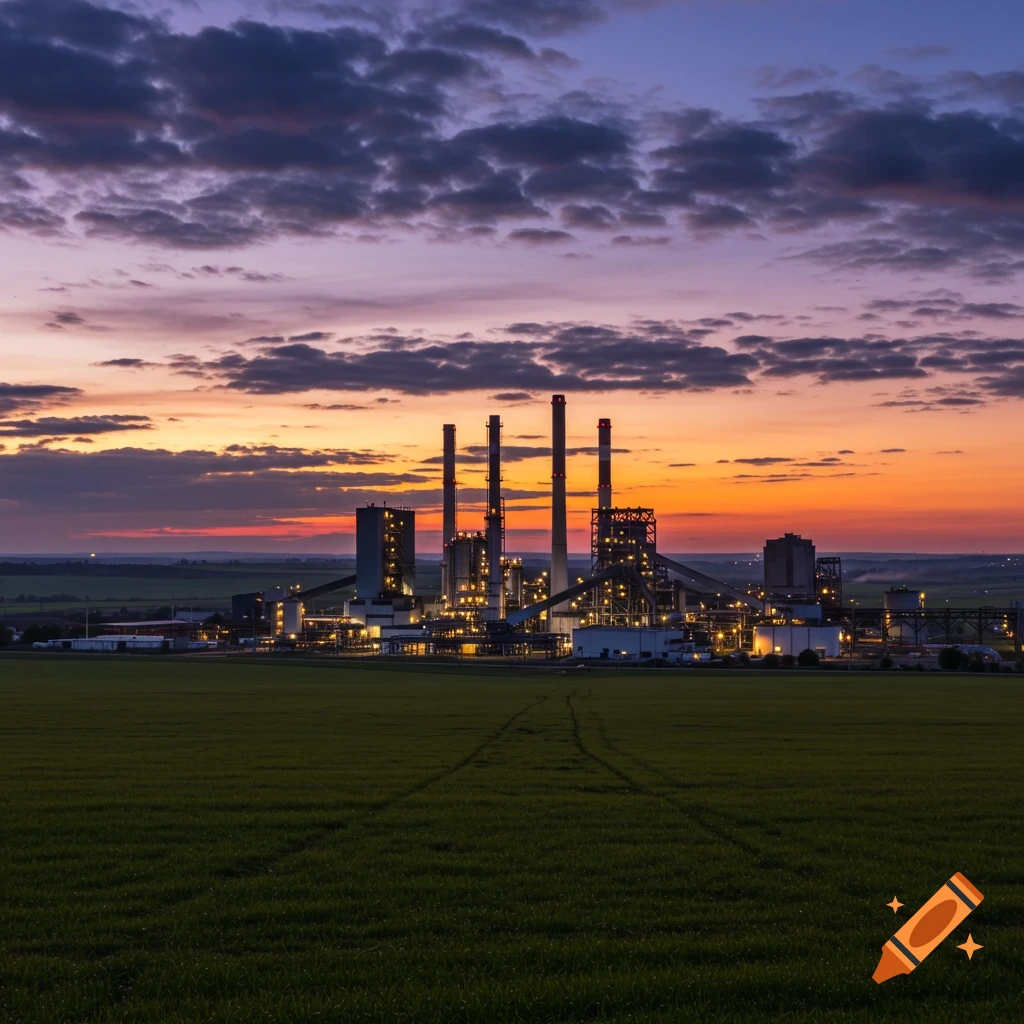 A photorealistic industrial power plant with multiple smokestacks illuminated at twilight, set against a vibrant sunset and dark cloudy sky, overlooking a vast grassy plain.