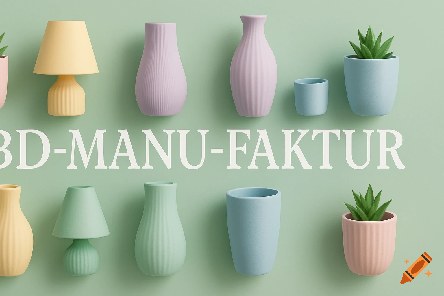 Pastel 3D-rendered vases, plant pots, and lamps with '3D-MANU-FAKTUR' text on a light green background.