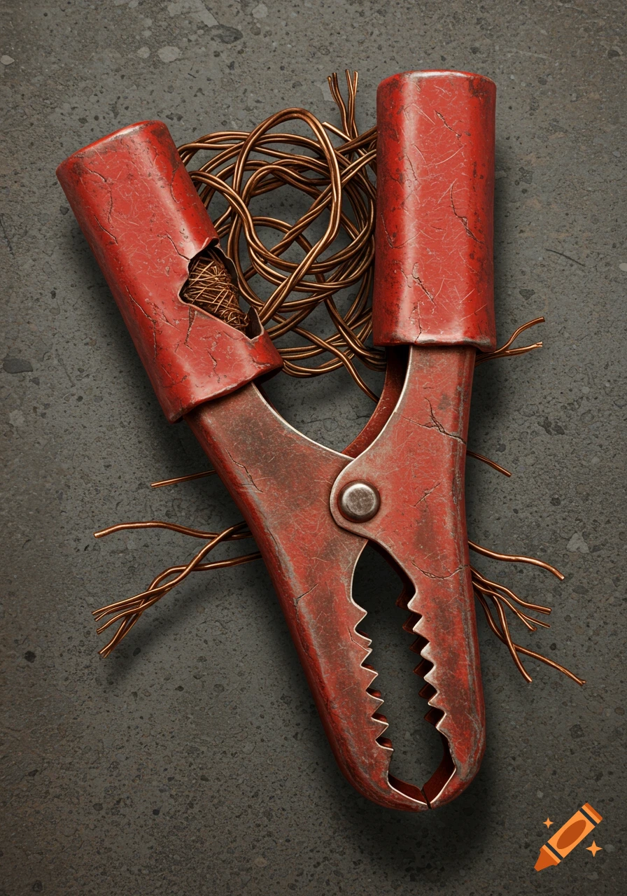 Close-up of a red, weathered jumper cable clamp with exposed, tangled copper wires against a dark, textured background.