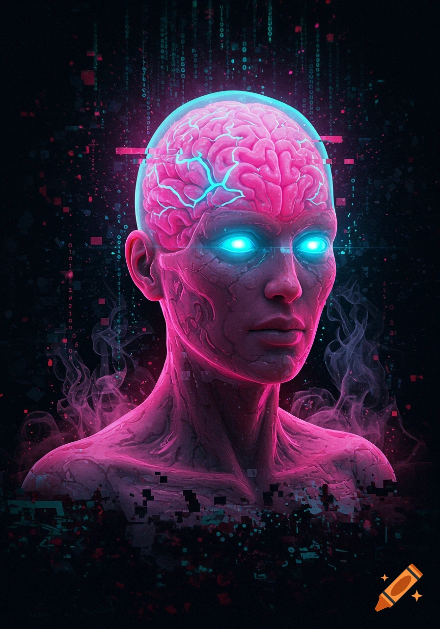 A cyberpunk bust of a human-like figure with an exposed, glowing pink brain, bright blue eyes, and digital glitch effects.