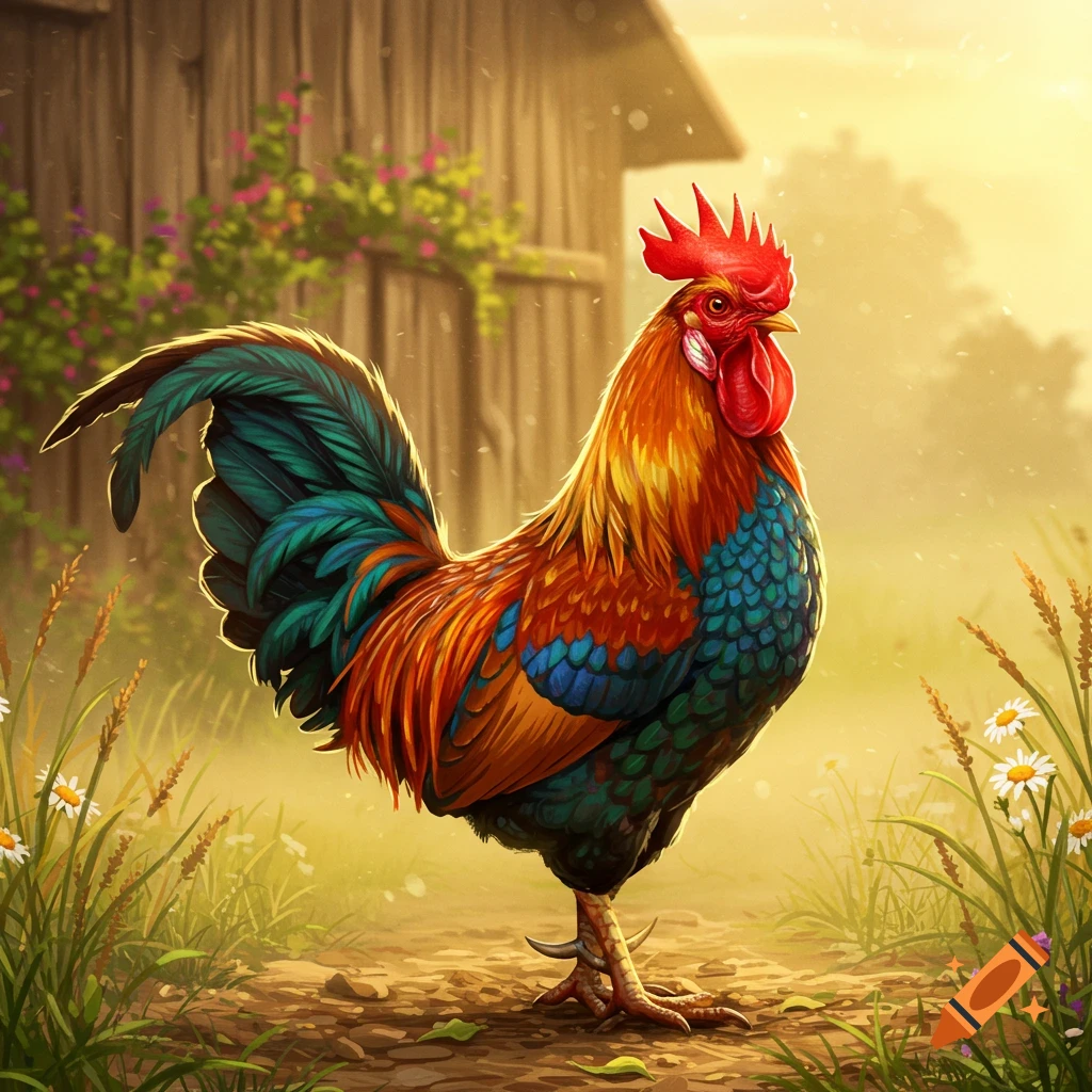 A vibrant, colorful rooster stands on a dirt path in front of a rustic wooden barn with green foliage and flowers, bathed in warm sunlight.