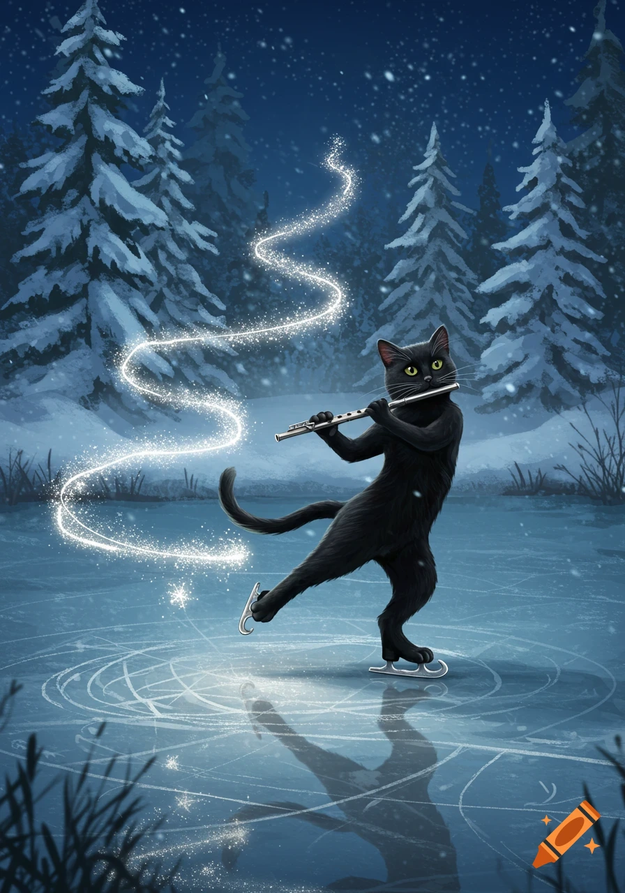 A black cat ice skating and playing a flute in a snowy winter forest, leaving a sparkling magical trail.
