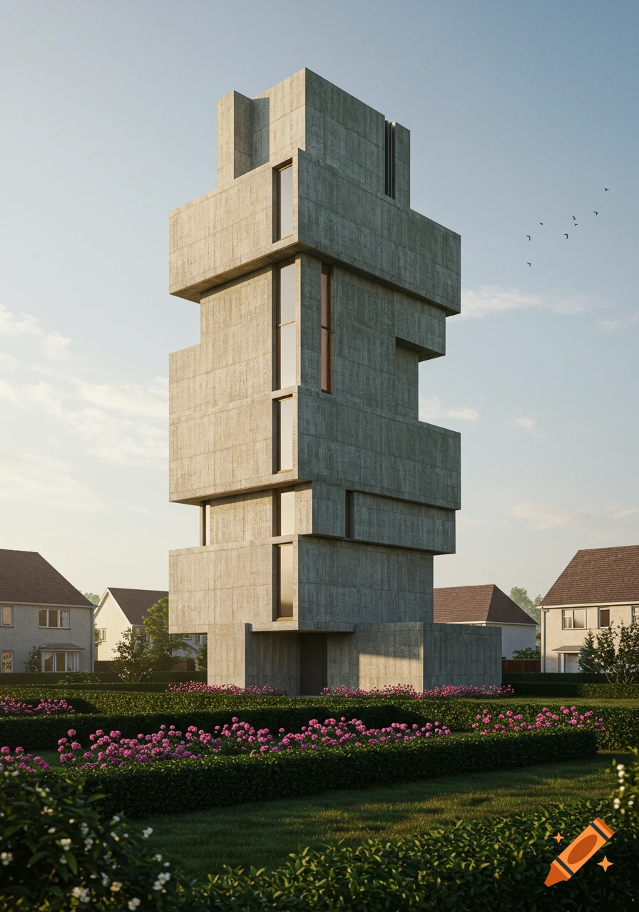 A tall, concrete brutalist ziggurat-style building in a suburban setting, with a green lawn, pink flowers, and traditional houses.