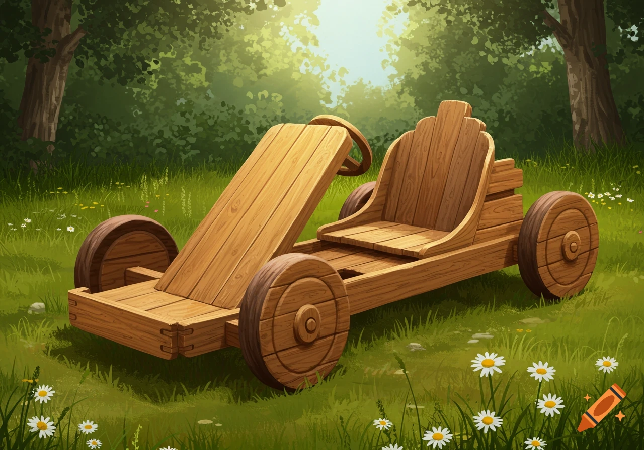 A wooden kart with slatted planks and wooden wheels sits on a grassy forest floor with white daisies, under dappled sunlight.